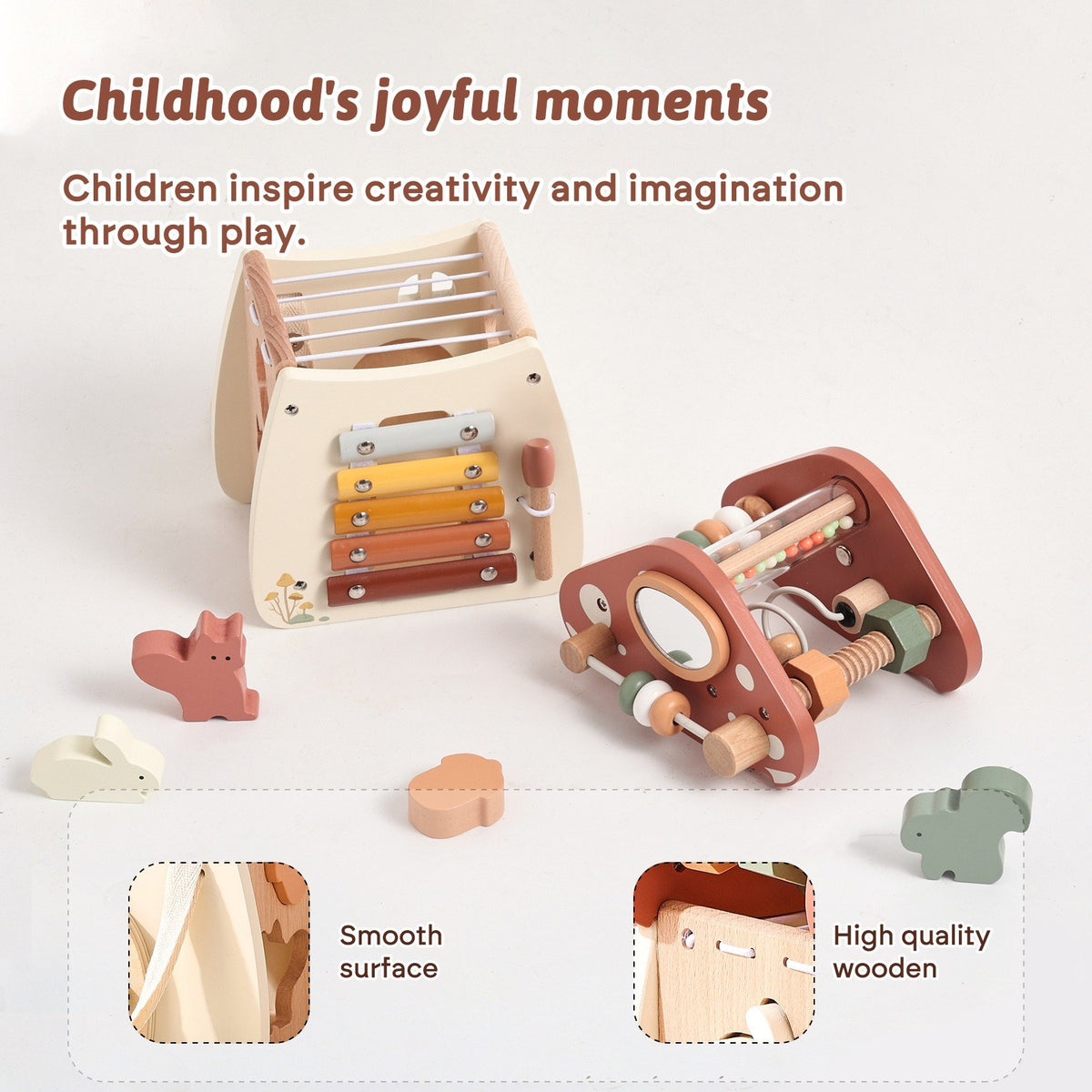 Mushroom activity cube parts with xylophone, mirror, beads and animal shape pieces