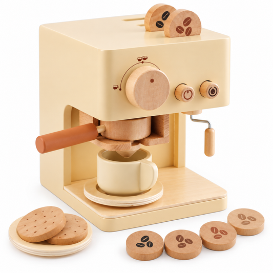 Montessori wooden toy coffee machine with cup, saucer, biscuits and coffee pods