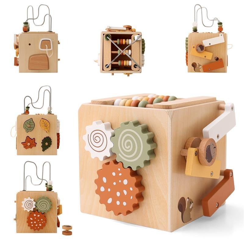 All sides of the 5-in-1 wooden activity cube