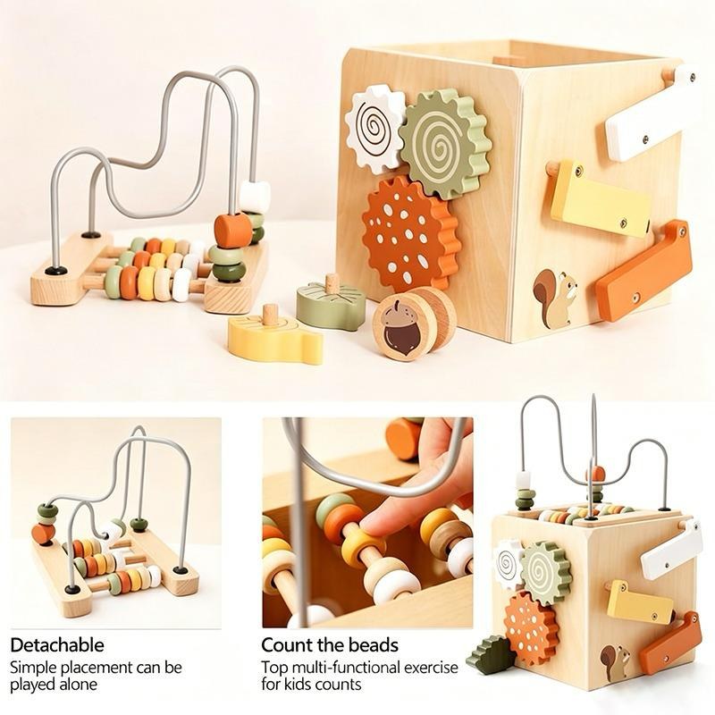 Detachable bead maze and bead counting on the wooden activity cube