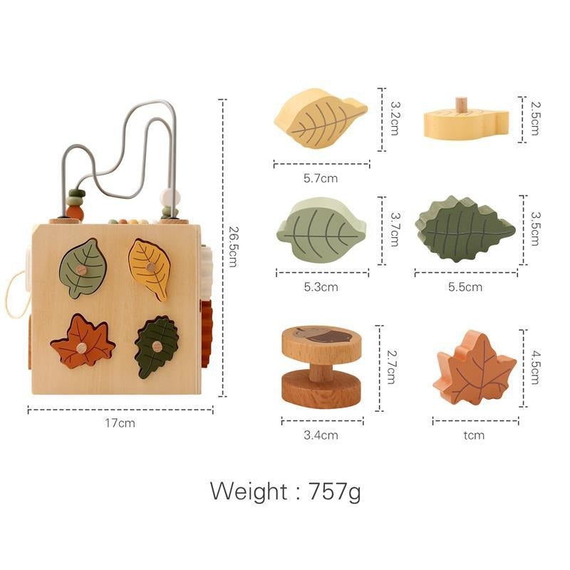 5-in-1 wooden activity cube dimensions: 17 cm wide, 28.5 cm tall with bead maze, 757 g