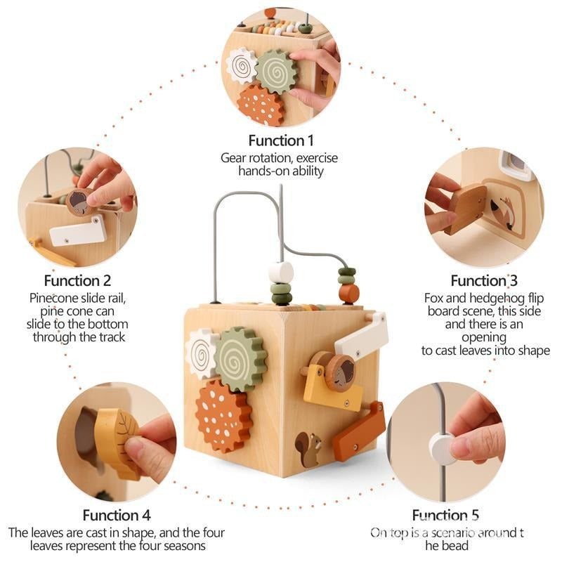 The five activities of the wooden activity cube: gears, pinecone slide, flip board, leaf shapes and bead maze