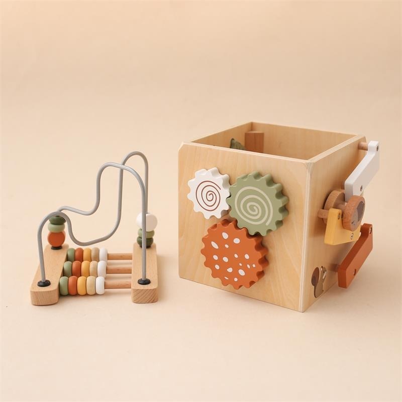 Wooden activity cube with detachable bead maze and gear panel