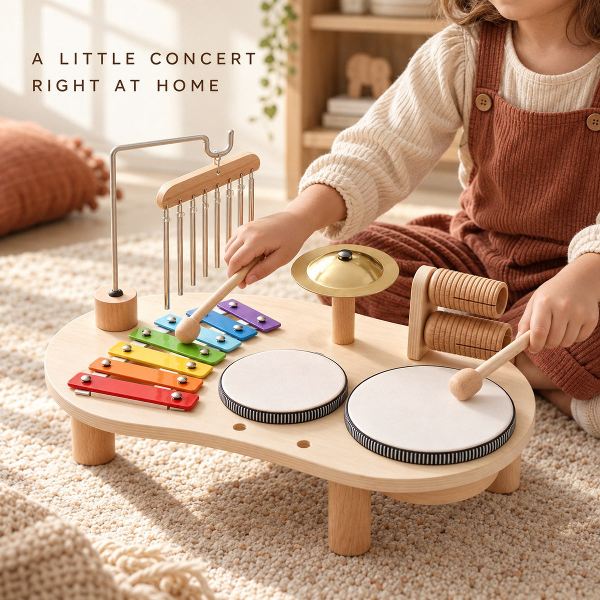 Child playing the drums and xylophone on the wooden music table