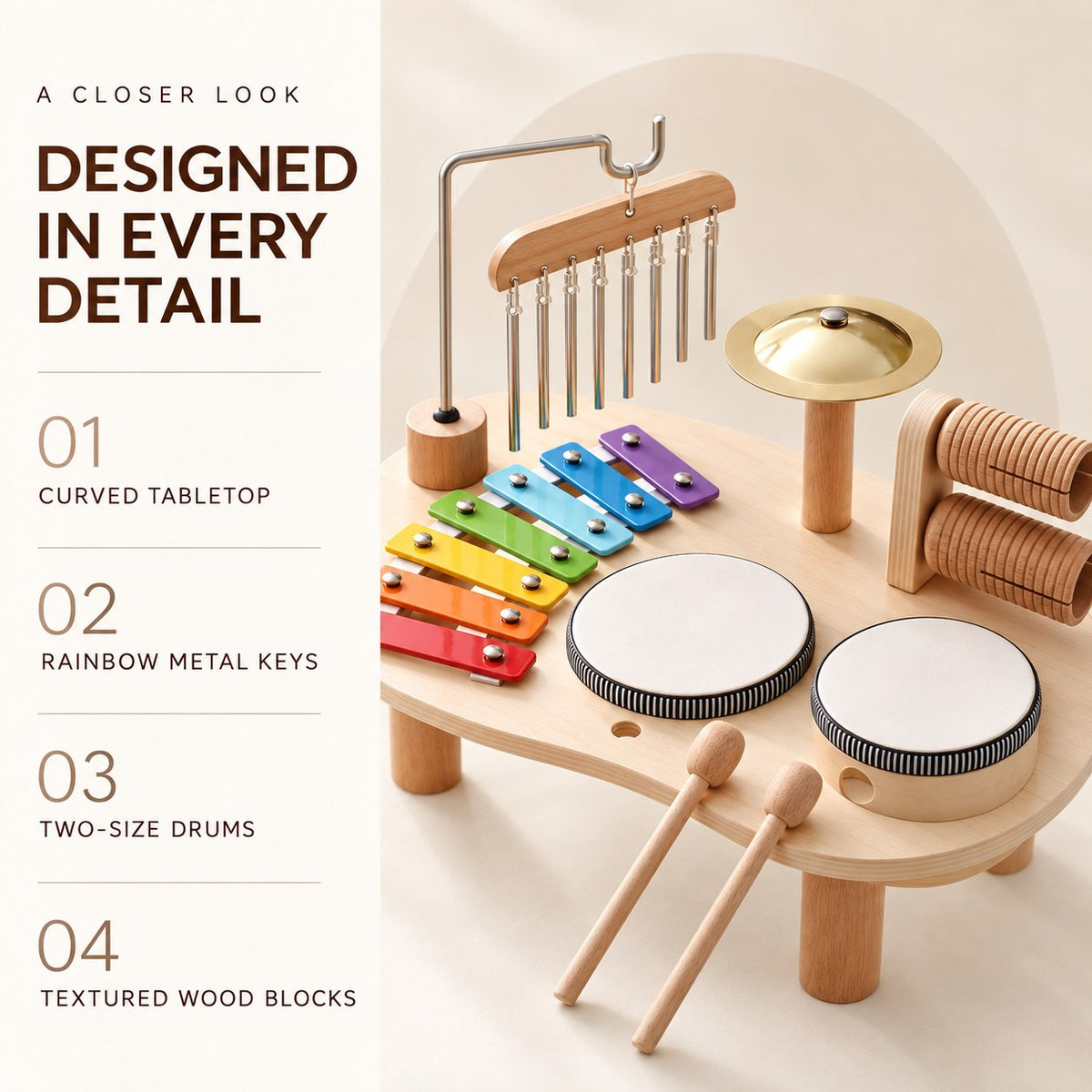 Music table details: curved tabletop, rainbow metal keys, two-size drums and textured wood blocks