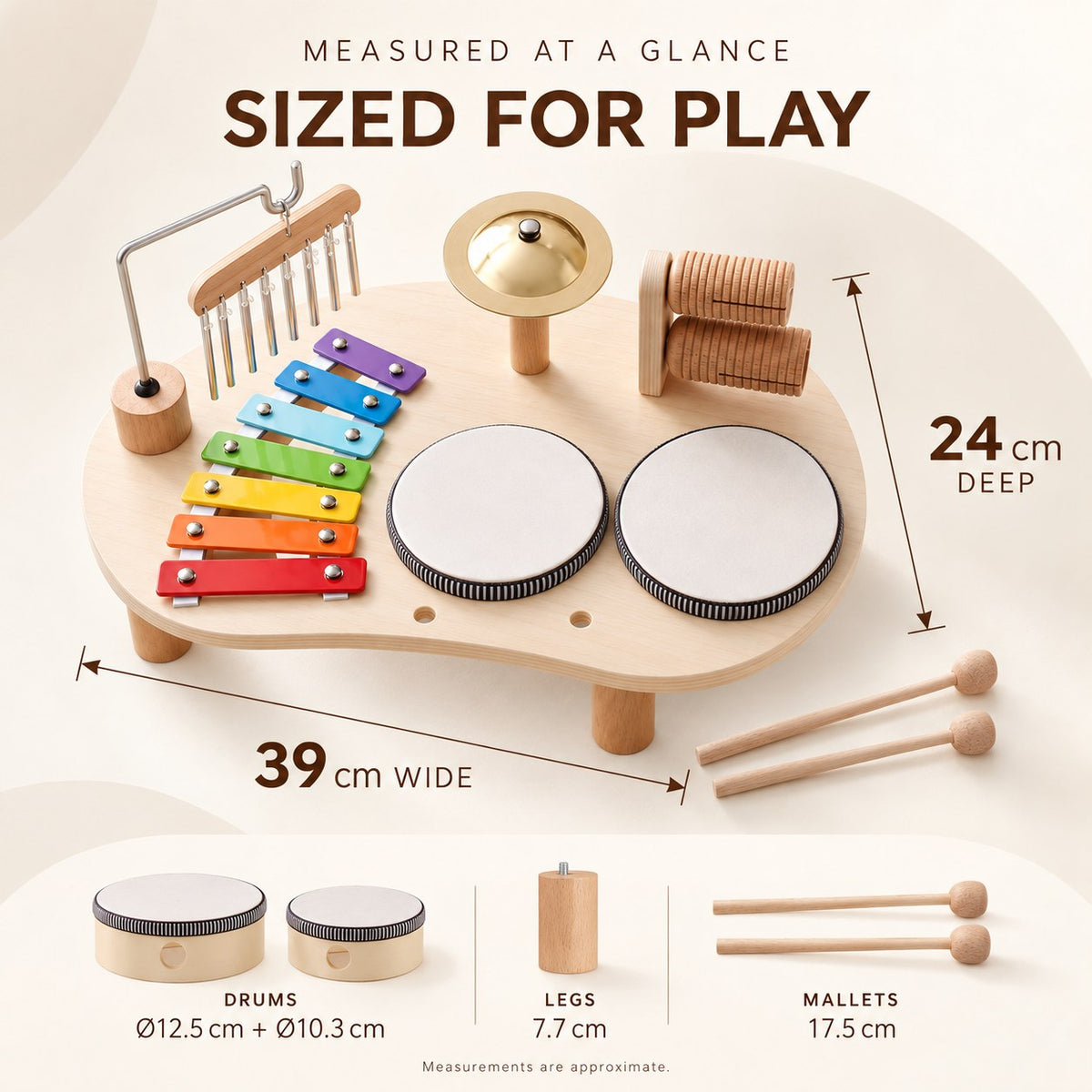 Music table size: 39 cm wide, 24 cm deep, with drum, leg and mallet measurements