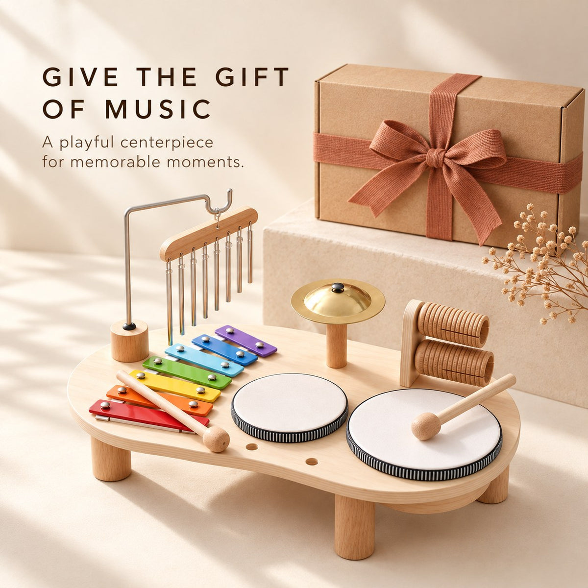 Wooden music table beside a wrapped gift box