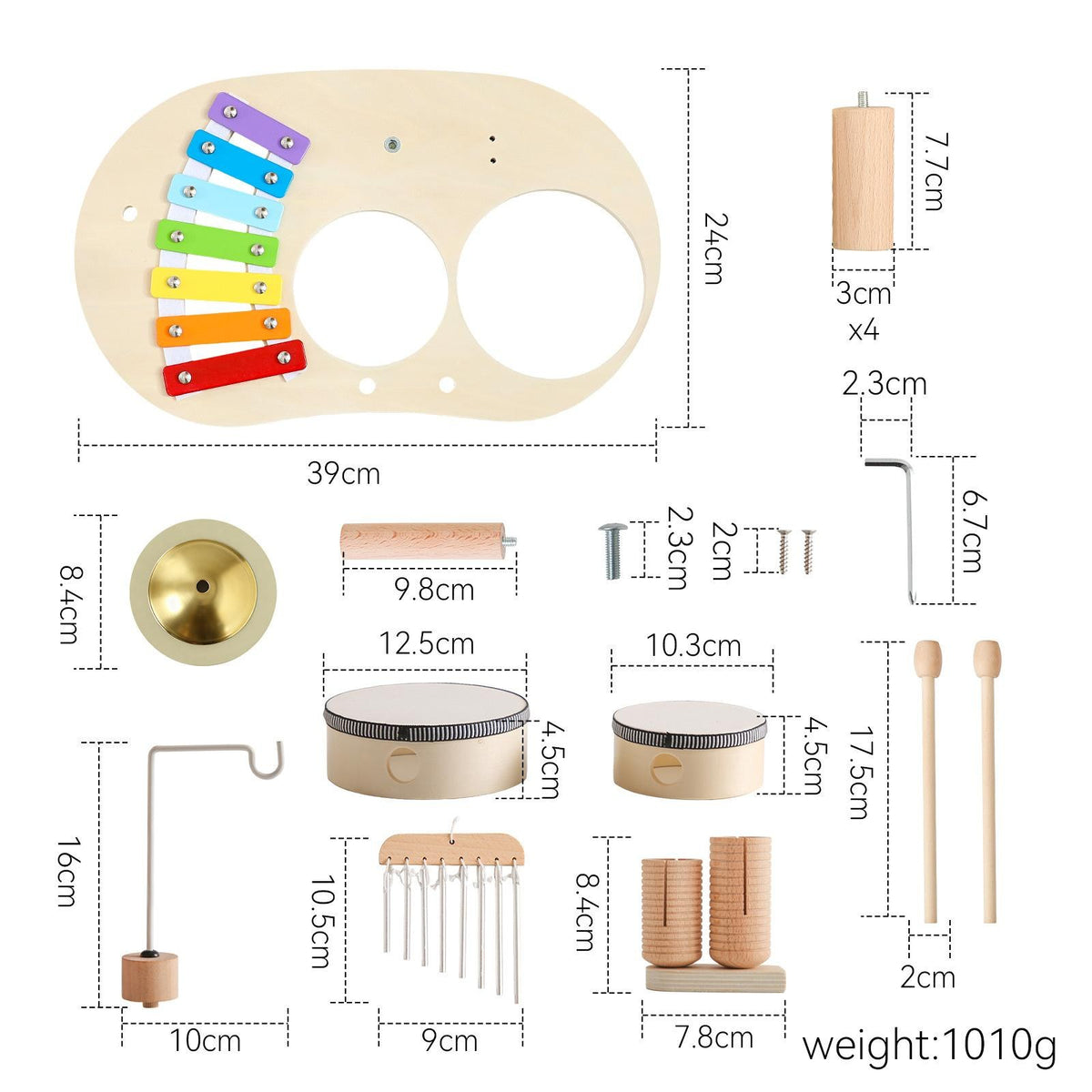 Parts list of the 7-in-1 music set with measurements, 1010 g