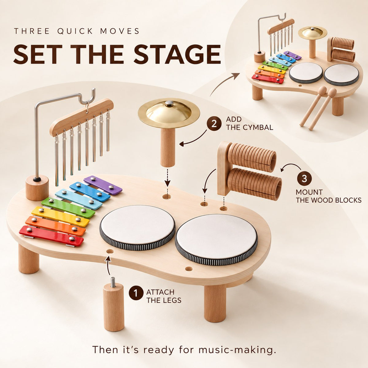 Three setup steps: attach the legs, add the cymbal, mount the wood blocks