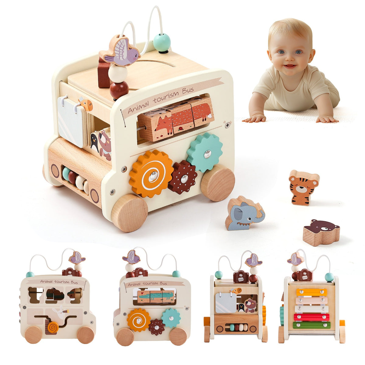 Montessori wooden animal bus activity cube with bead maze, gears and animal shape pieces