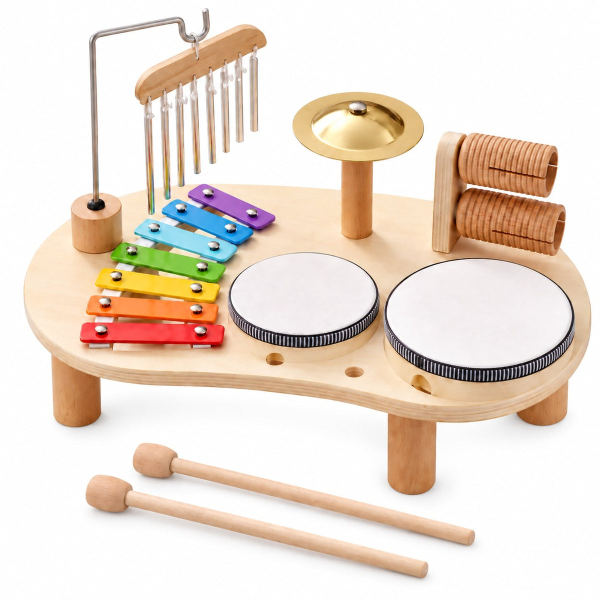 Montessori 7-in-1 wooden kids music table with xylophone, two drums, cymbal, chimes and wood blocks