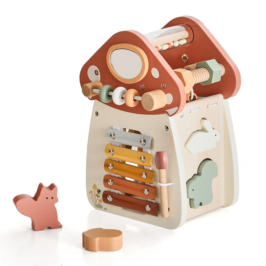 Montessori wooden mushroom activity cube with xylophone, mallet and animal shape pieces