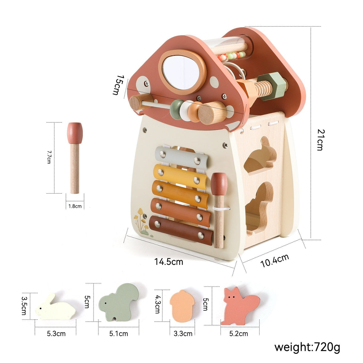 Mushroom activity cube dimensions: 21 cm tall, 14.5 cm wide, 10.4 cm deep, 720 g