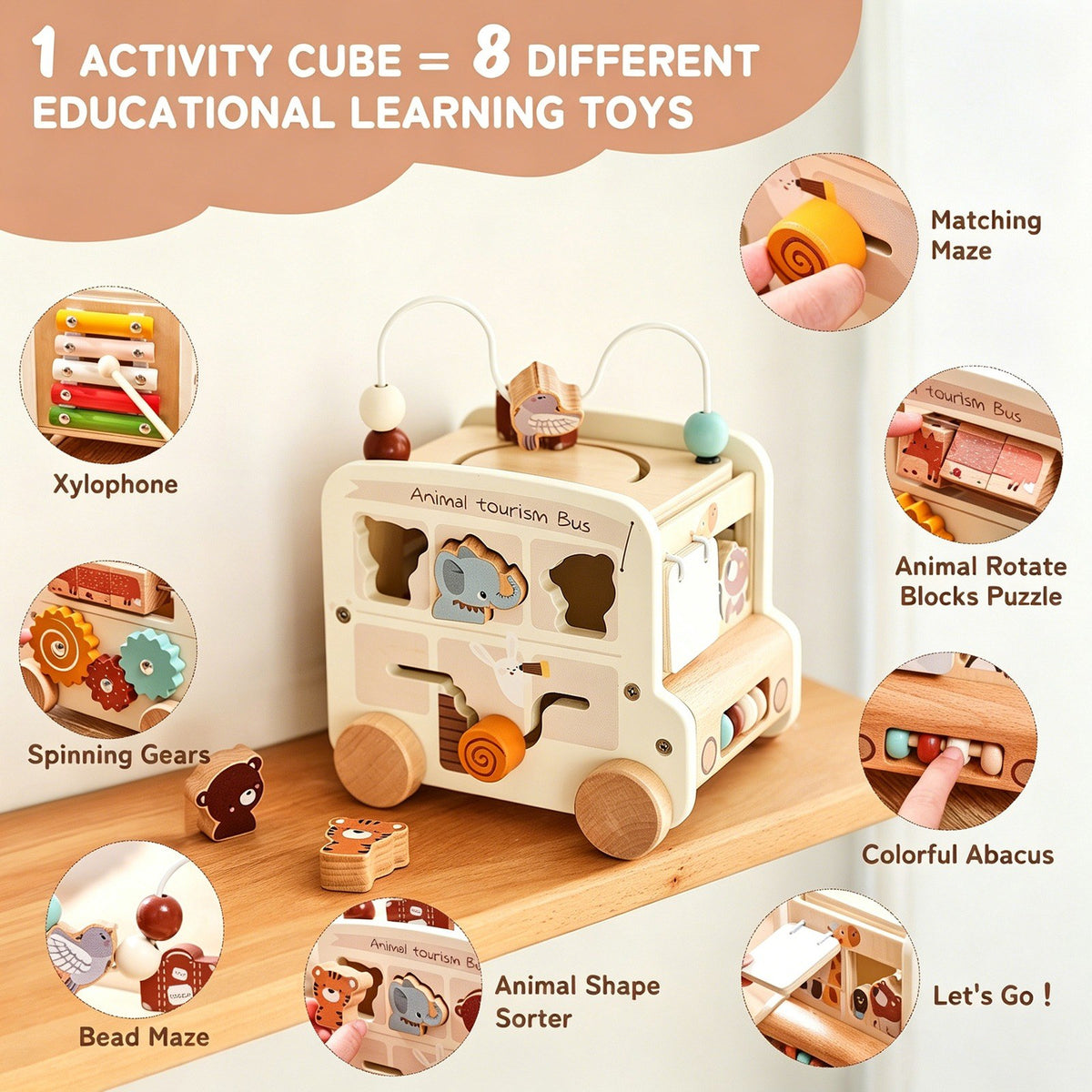 Wooden animal bus activity cube with 8 activities: xylophone, gears, bead maze, abacus, rotating blocks and shape sorter