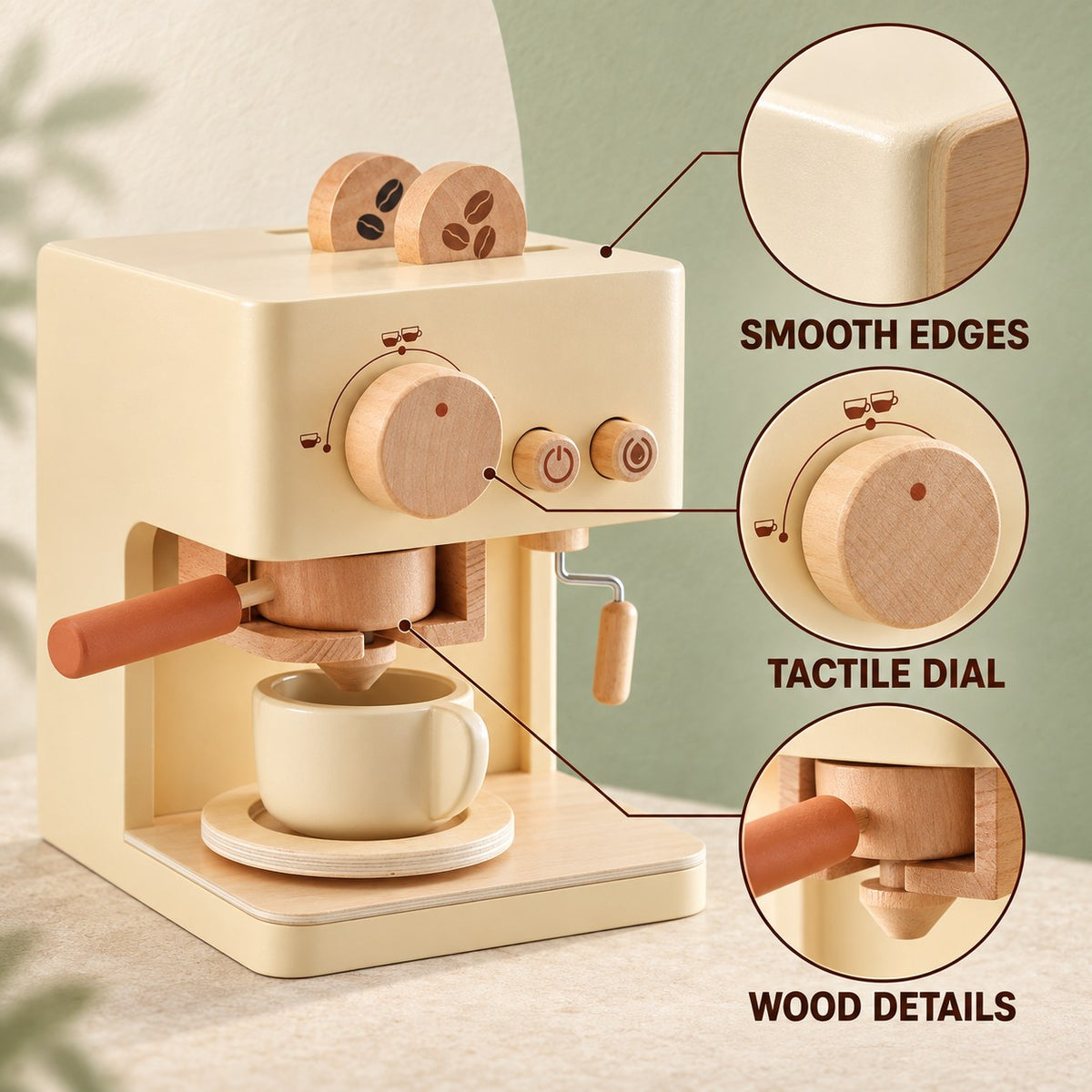 Coffee machine details: smooth edges, turning dial and wooden parts