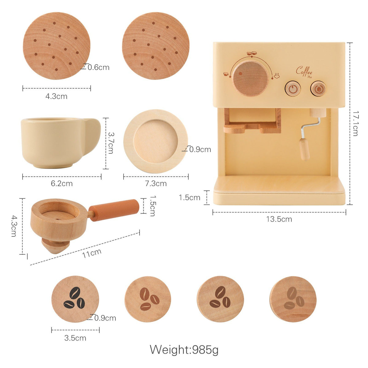 Coffee machine set dimensions: machine 13.5 cm wide and 17.1 cm tall, with cup, saucer, portafilter and pods, 985 g