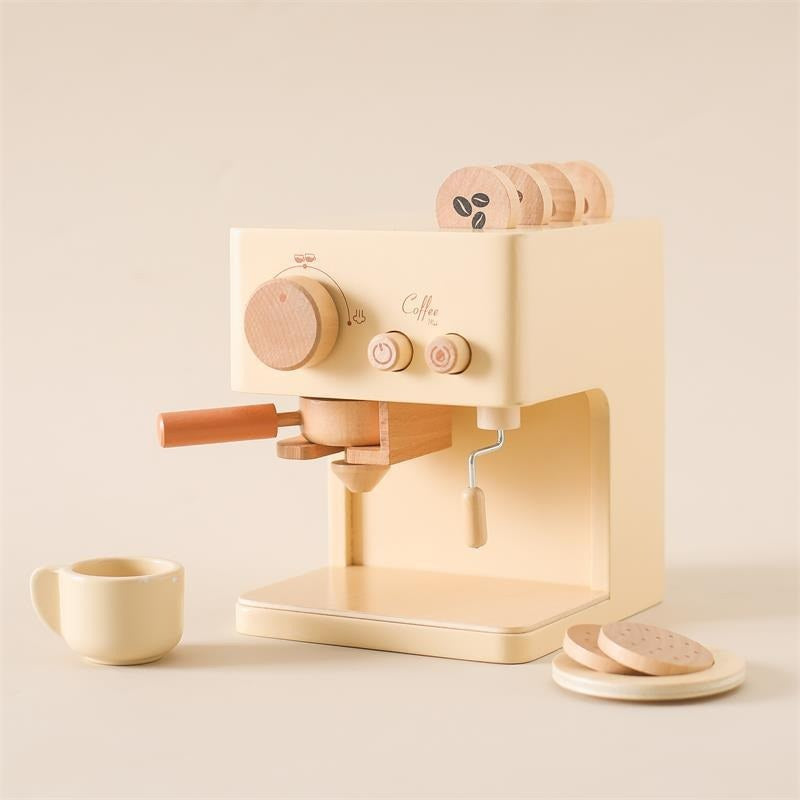 Front view of the wooden toy coffee machine with cup, saucer and biscuits