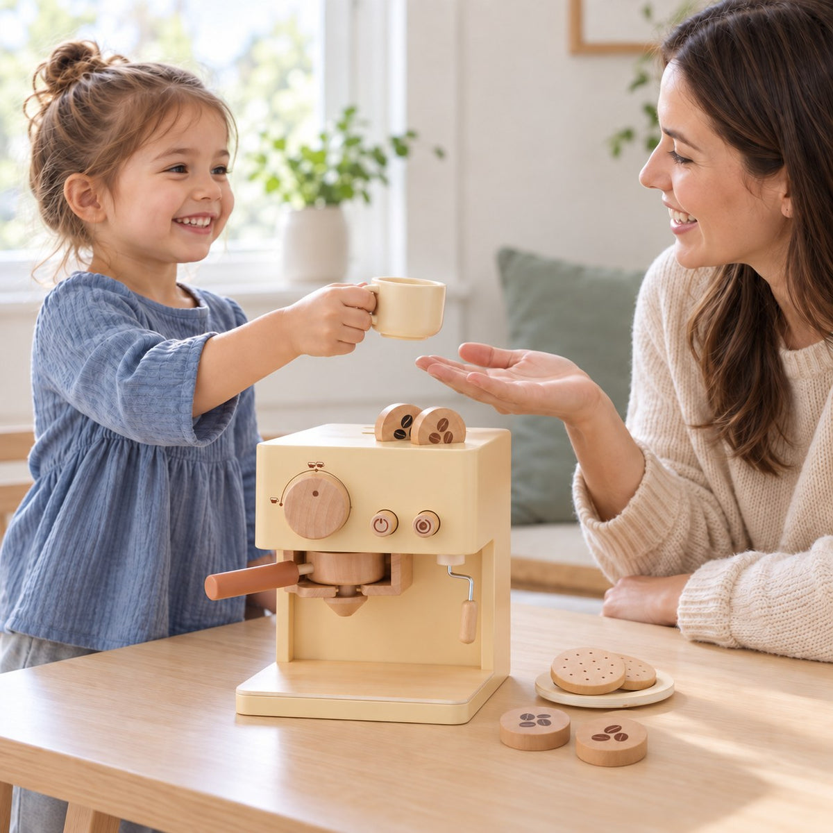 Child serving a pretend coffee to a parent