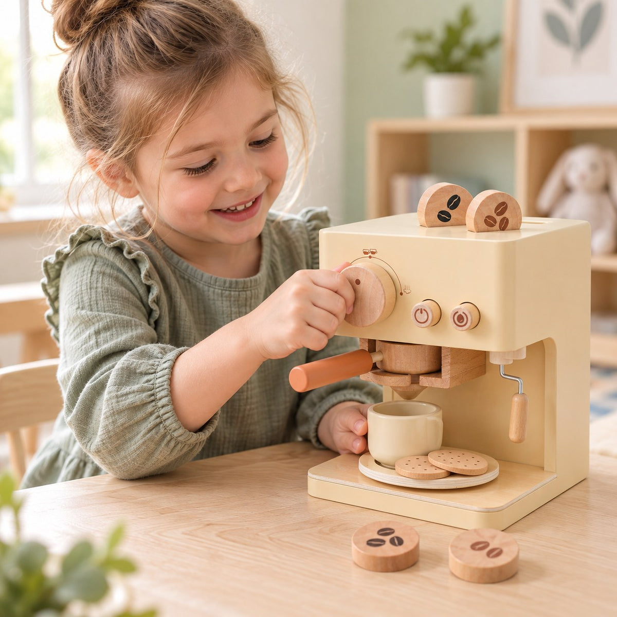 Child making pretend coffee with the wooden toy coffee machine
